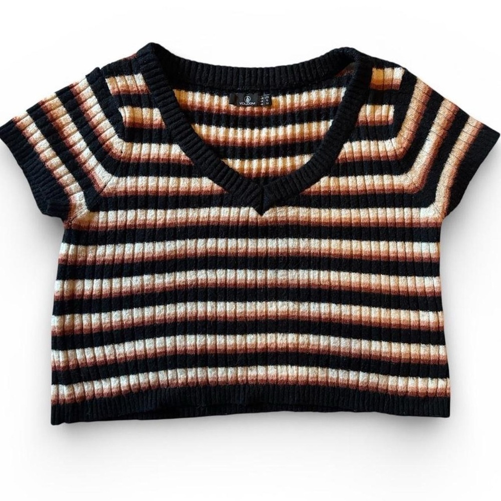 Volcom Striped Ribbed Knit Short Sleeve Sweater Top Black Brown Cream Womens L